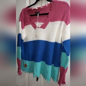 Simply Southern Collection Pink/Blue Color blocked Distressed Sweater Size M